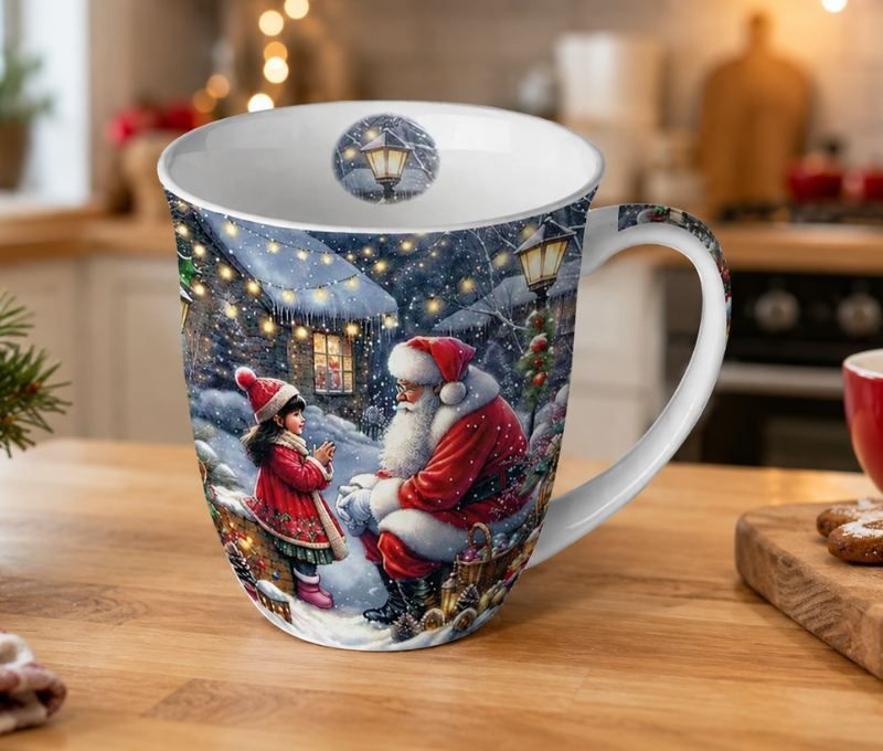 Mug porcelaine fine Noël scène hivernale Père Noël fillette village enneigé lumières 400ml