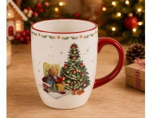 Tasse céramique Noël ourson lisant au coin du sapin cadeaux bord rouge 300ml H10cm