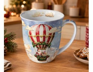 Mug porcelaine Noël Père Noël montgolfière rouge blanc cadeaux ciel nuages 400ml