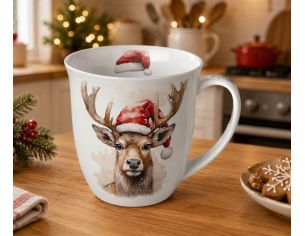 Mug porcelaine blanc Noël tête renne bonnet Père Noël aquarelle 400ml