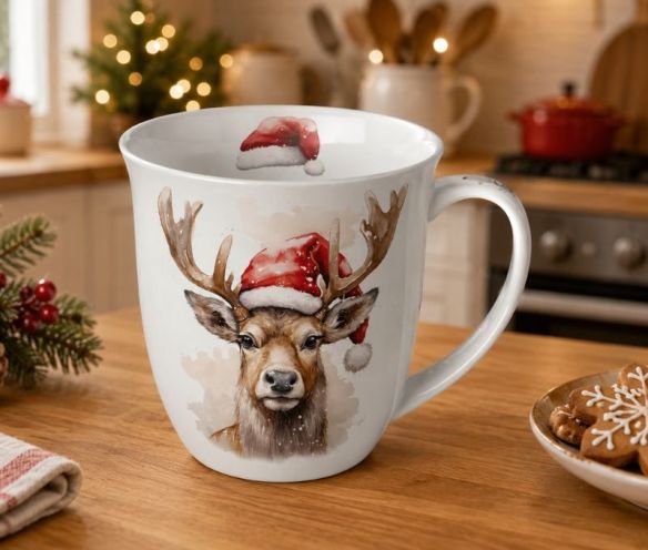 Mug porcelaine blanc Noël tête renne bonnet Père Noël aquarelle 400ml