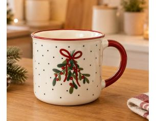 Mug porcelaine blanc Noël motif gui rouge vert nœud rouge bord festif 355ml