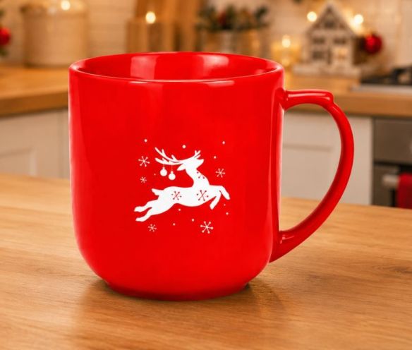 Grand mug porcelaine rouge Noël renne blanc stylisé flocons XL 820ml