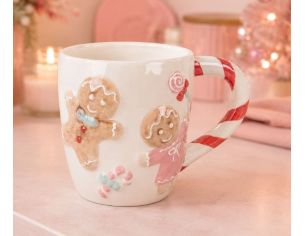 Mug céramique blanc Noël bonhommes pain d'épices relief anse candy cane rouge blanc 400ml