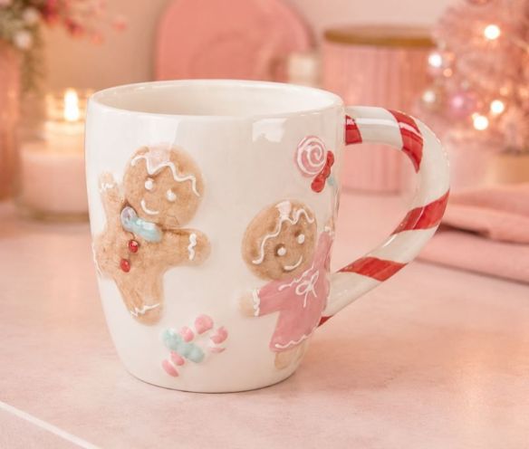 Mug céramique blanc Noël bonhommes pain d'épices relief anse candy cane rouge blanc 400ml