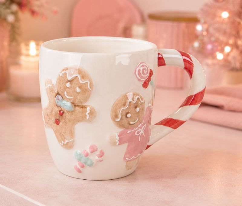 Mug céramique blanc Noël bonhommes pain d'épices relief anse candy cane rouge blanc 400ml