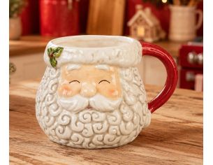 Grand mug céramique Noël visage Père Noël souriant barbe bouclée houx anse rouge 550ml
