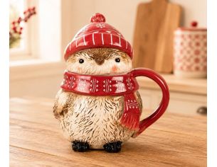 Mug céramique Noël hibou bonnet rouge écharpe festive couvercle 500ml