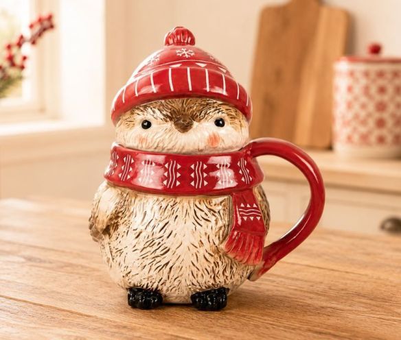Mug céramique Noël hibou bonnet rouge écharpe festive couvercle 500ml