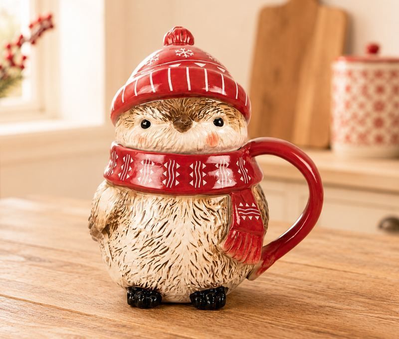 Mug céramique Noël hibou bonnet rouge écharpe festive couvercle 500ml