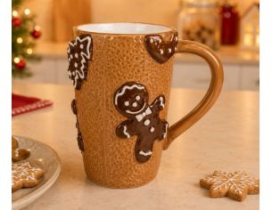 Grand mug céramique texturée caramel Noël bonshommes pain d'épices relief 575ml H15cm