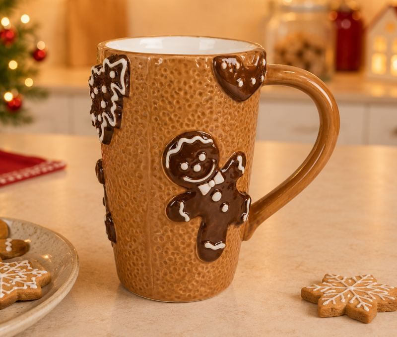 Grand mug céramique texturée caramel Noël bonshommes pain d'épices relief 575ml H15cm
