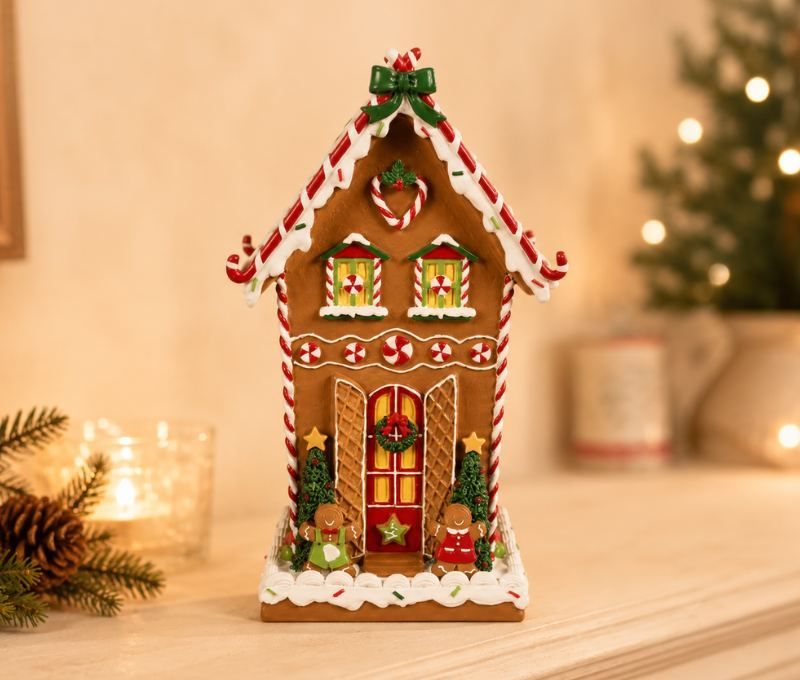 Maison pain d'épices décorative Noël colorée bonbons sucre d'orge bonshommes polyrésine H31cm
