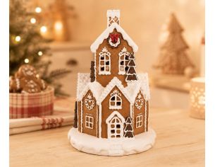 Maison pain d'épices LED polyrésine brune glaçage blanc sapins couronne houx H32cm