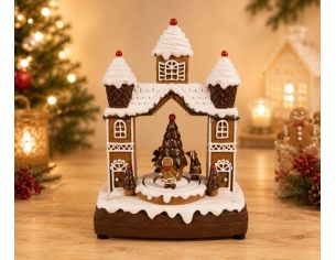 Maison musicale pain d'épices LED tournante bonhomme sapin polyrésine H27cm décoration Noël