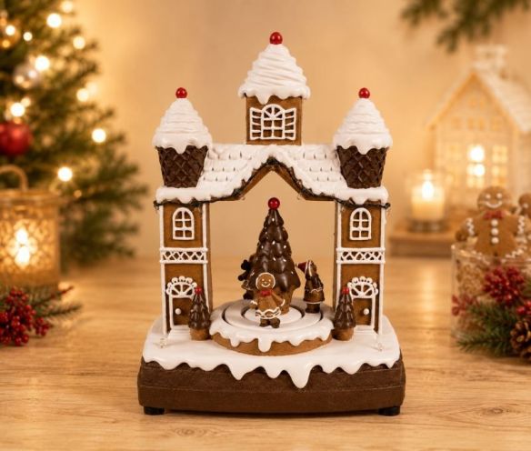 Maison musicale pain d'épices LED tournante bonhomme sapin polyrésine H27cm décoration Noël
