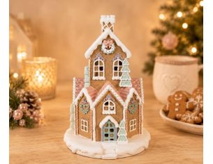 Maison pain d'épices rose pastel LED enneigée détails sapins cœurs H32cm décoration Noël