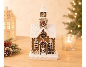 Maison pain d'épices LED chapelle brune glaçage blanc couronne houx toit enneigé H25cm