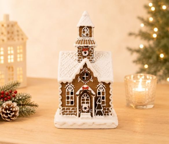 Maison pain d'épices LED chapelle brune glaçage blanc couronne houx toit enneigé H25cm