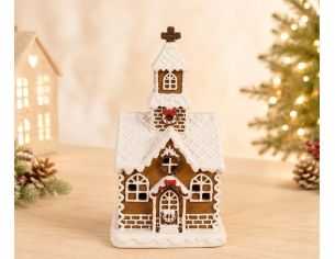 Maison pain d'épices LED chapelle brune glaçage blanc clocher croix couronne houx H15cm