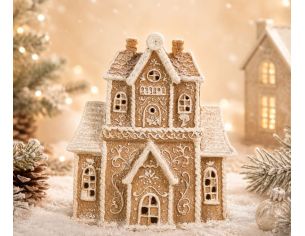 Maison pain d'épices givrée LED glaçage blanc paillettes décors floraux H20cm décoration Noël