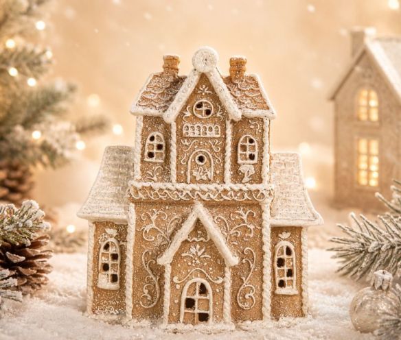 Maison pain d'épices givrée LED glaçage blanc paillettes décors floraux H20cm décoration Noël