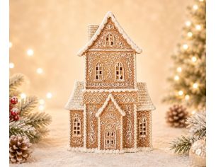 Manoir pain d'épices givré LED arabesques blanches paillettes scintillantes H23cm décoration Noël
