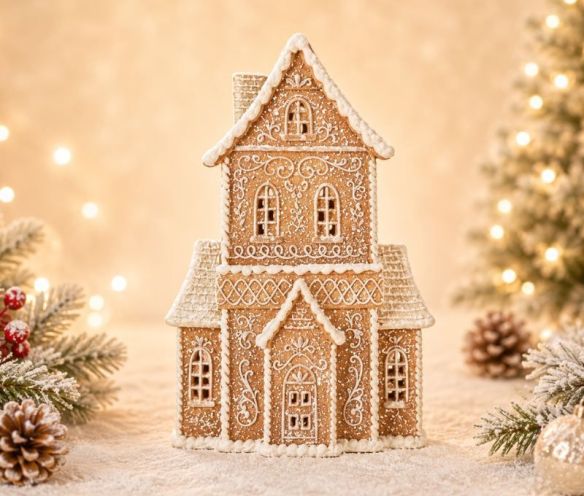 Manoir pain d'épices givré LED arabesques blanches paillettes scintillantes H23cm décoration Noël