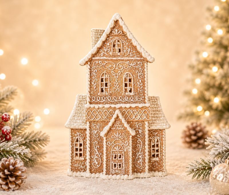 Manoir pain d'épices givré LED arabesques blanches paillettes scintillantes H23cm décoration Noël