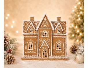 Maison pain d'épices décorative LED givrée enneigée détails blancs H20cm décoration Noël