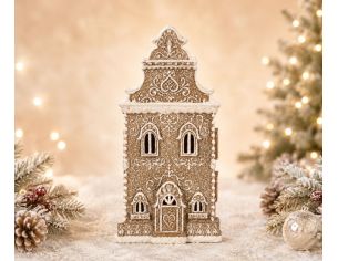 Maison gingerbread brun givré LED paillettes blanches arabesques style baroque H35cm décoration Noël