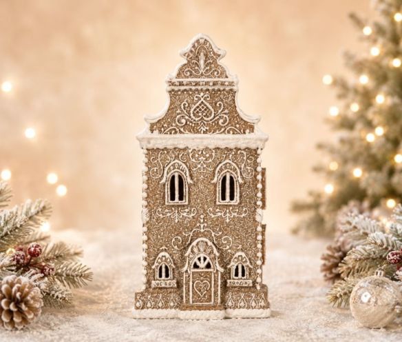 Maison gingerbread brun givré LED paillettes blanches arabesques style baroque H35cm décoration Noël