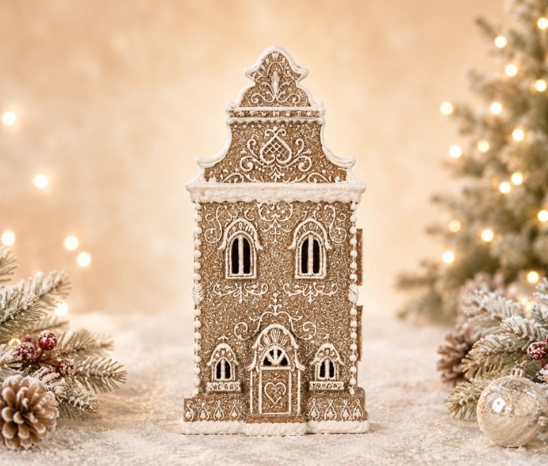 Maison gingerbread brun givré LED paillettes blanches arabesques style baroque H35cm décoration Noël