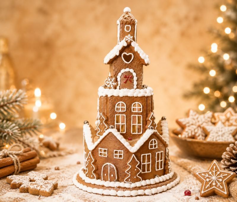 Maison pain d'épices Tour Biscuitée LED structure étages sucre glace fenêtres H23cm décoration Noël