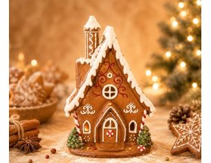Maison pain d'épices LED sucrerie sapins enneigés bonbons glaçage blanc H15cm décoration Noël