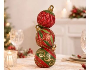 Colonne décorative boules de Noël empilées rouge vert motifs dorés résine H40cm
