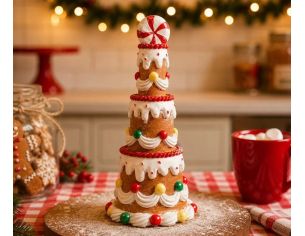 Gâteau décoratif pain d'épices étages glaçage blanc boules colorées sucre d'orge H22cm Noël