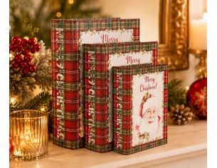 Lot 3 boîtes rangement forme livres vintage Noël tartan rouge Père Noël Merry Christmas H27cm