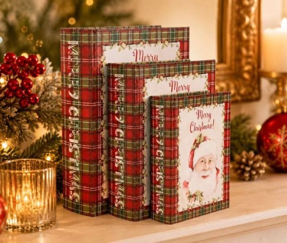Lot 3 boîtes rangement forme livres vintage Noël tartan rouge Père Noël Merry Christmas H27cm
