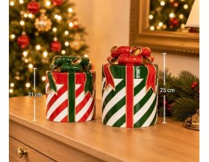 Décoration Noël forme cadeau rayures rouges blanches ruban nœud vert doré H21cm