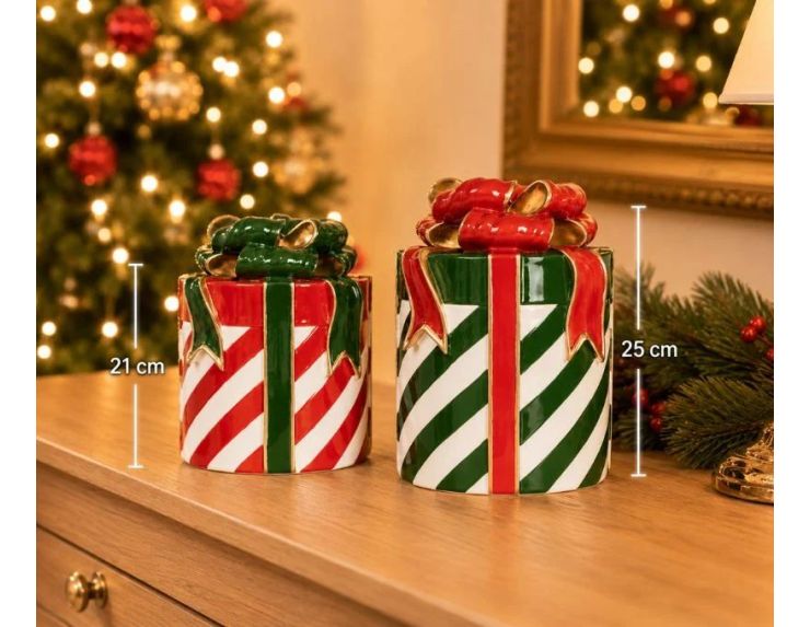 Décoration Noël forme cadeau rayures rouges blanches ruban nœud vert doré H21cm