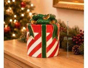 Décoration Noël forme cadeau rayures rouges blanches ruban nœud vert doré H21cm