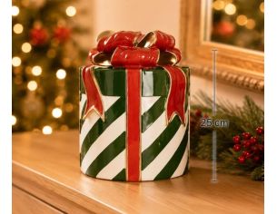 Décoration Noël forme cadeau rayures vert blanc ruban nœud rouge doré H25cm