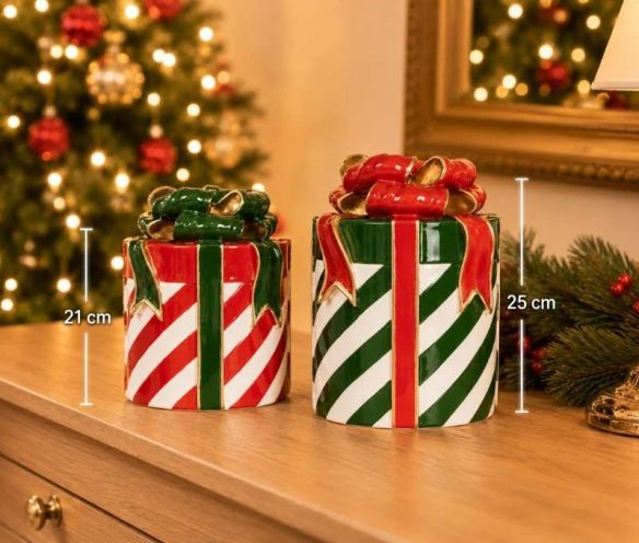 Décoration Noël forme cadeau rayures vert blanc ruban nœud rouge doré H25cm