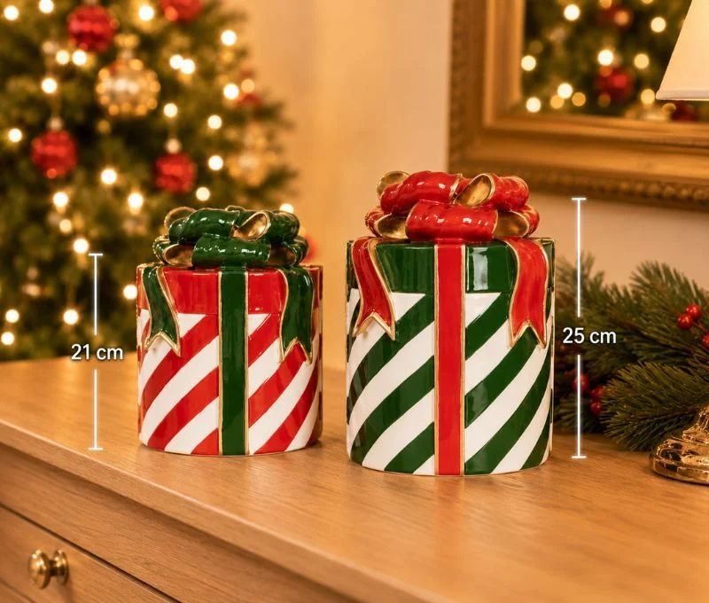 Décoration Noël forme cadeau rayures vert blanc ruban nœud rouge doré H25cm