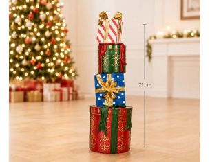 Grande décoration Noël pile cadeaux empilés rouge vert bleu rubans dorés résine H71cm