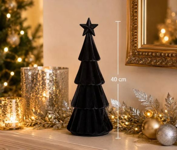 Sapin décoratif noir floqué velours étoile au sommet élégant moderne H40cm décoration Noël