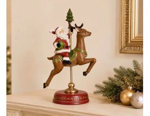 Figurine Père Noël sur renne carrousel vintage résine peinte main base rouge dorée H30cm