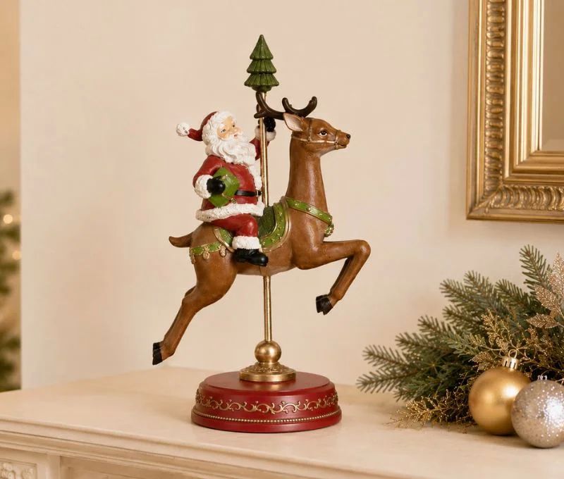 Figurine Père Noël sur renne carrousel vintage résine peinte main base rouge dorée H30cm