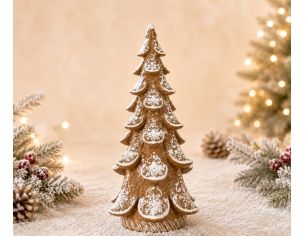 Sapin décoratif pain d'épices effet neige motifs sculptés blancs caramel H40cm décoration Noël